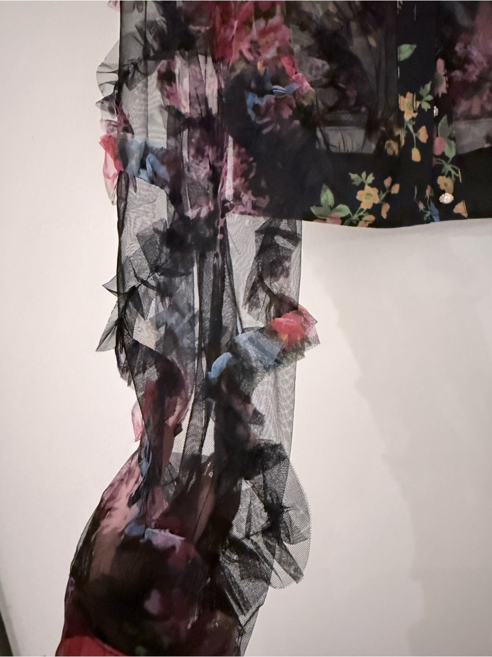 SHEIN Black Sheer Floral Ruffle Cropped Blouse with Pink and Blue Accents - Picture 4 of 5